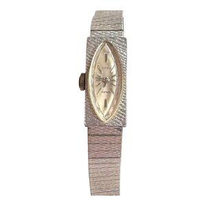 Vintage Gruen Ladies Manual Wind 11mm 10K White Gold Plated Bezel Band Bracelet
